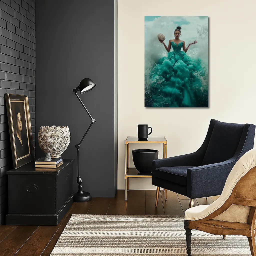 Woman Teal Ball Gown Ocean Waves – Wall Art