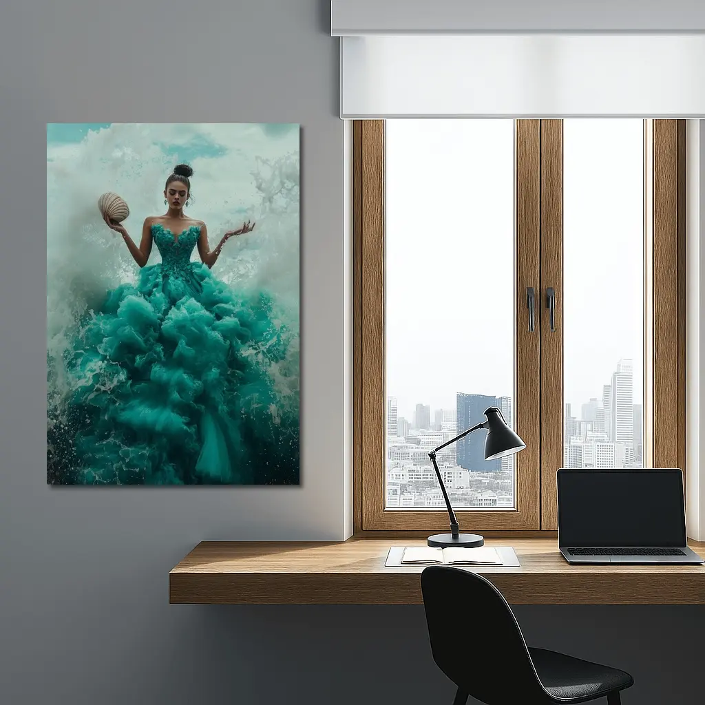 Woman Teal Ball Gown Ocean Waves – Wall Art
