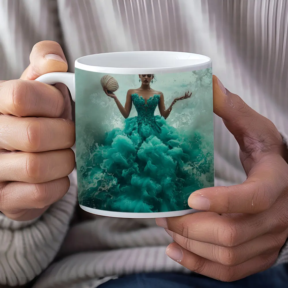 Woman Teal Ball Gown Ocean Waves – Mugs