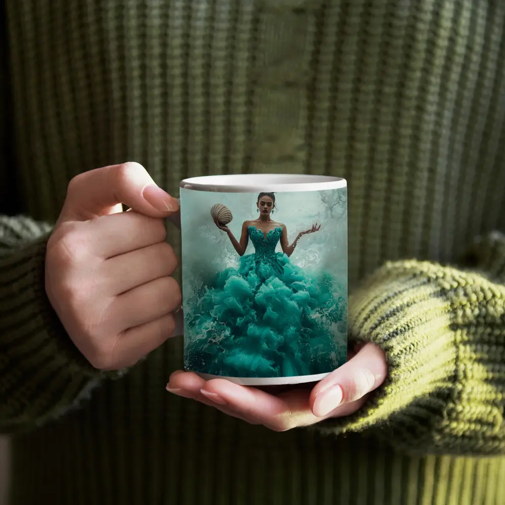 Woman Teal Ball Gown Ocean Waves – Mugs