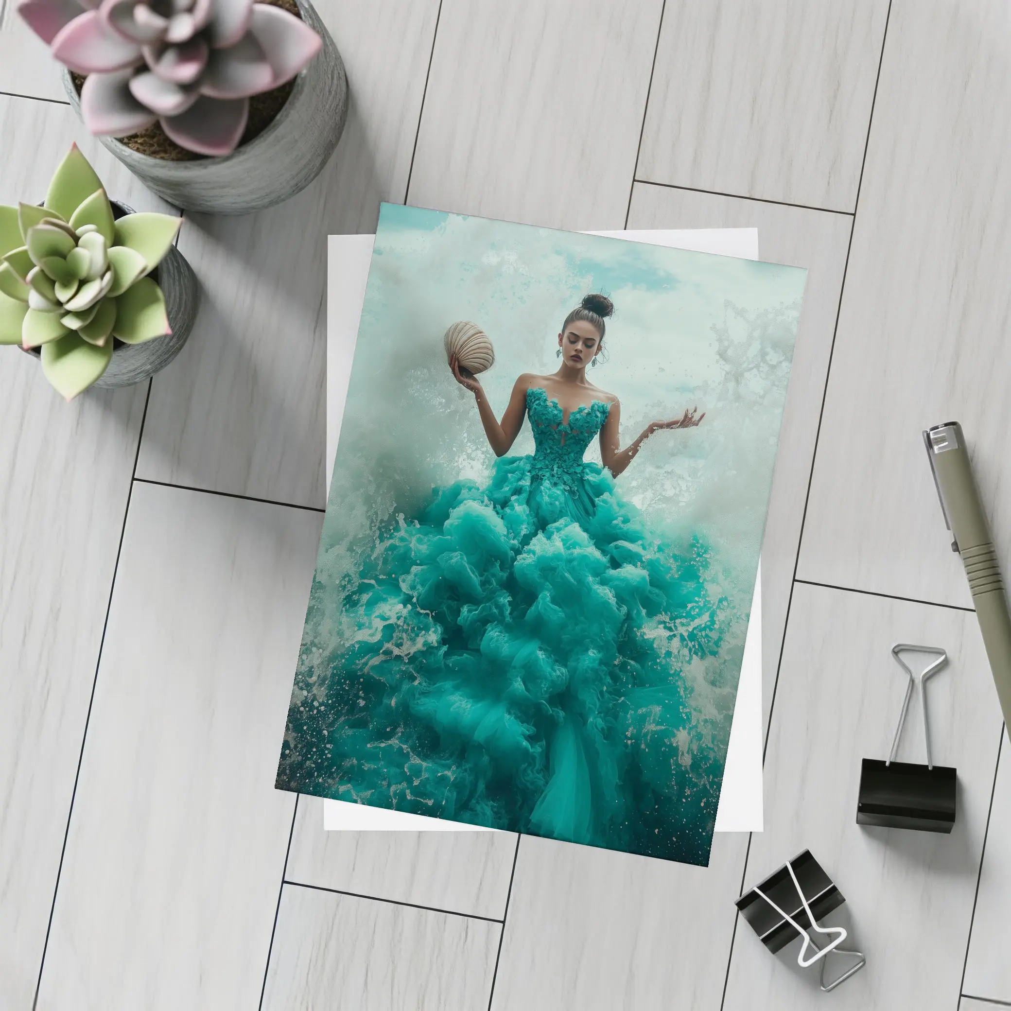 Woman Teal Ball Gown Ocean Waves – Postcards