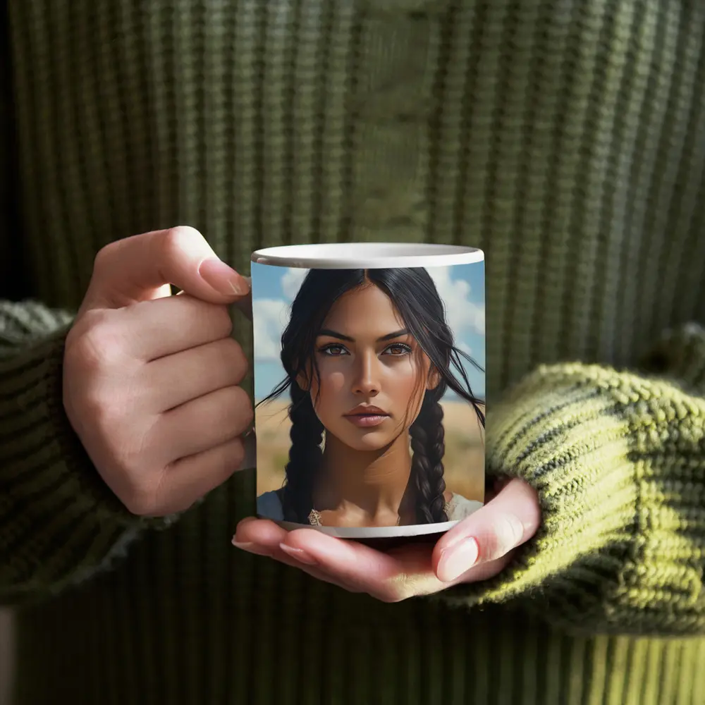 Native Woman Portrait Open Field Sky – Mugs