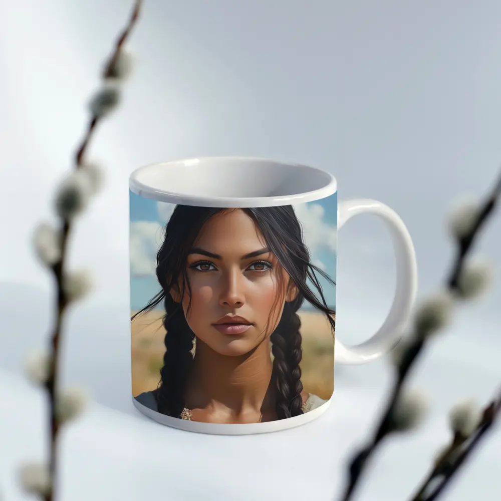Native Woman Portrait Open Field Sky – Mugs
