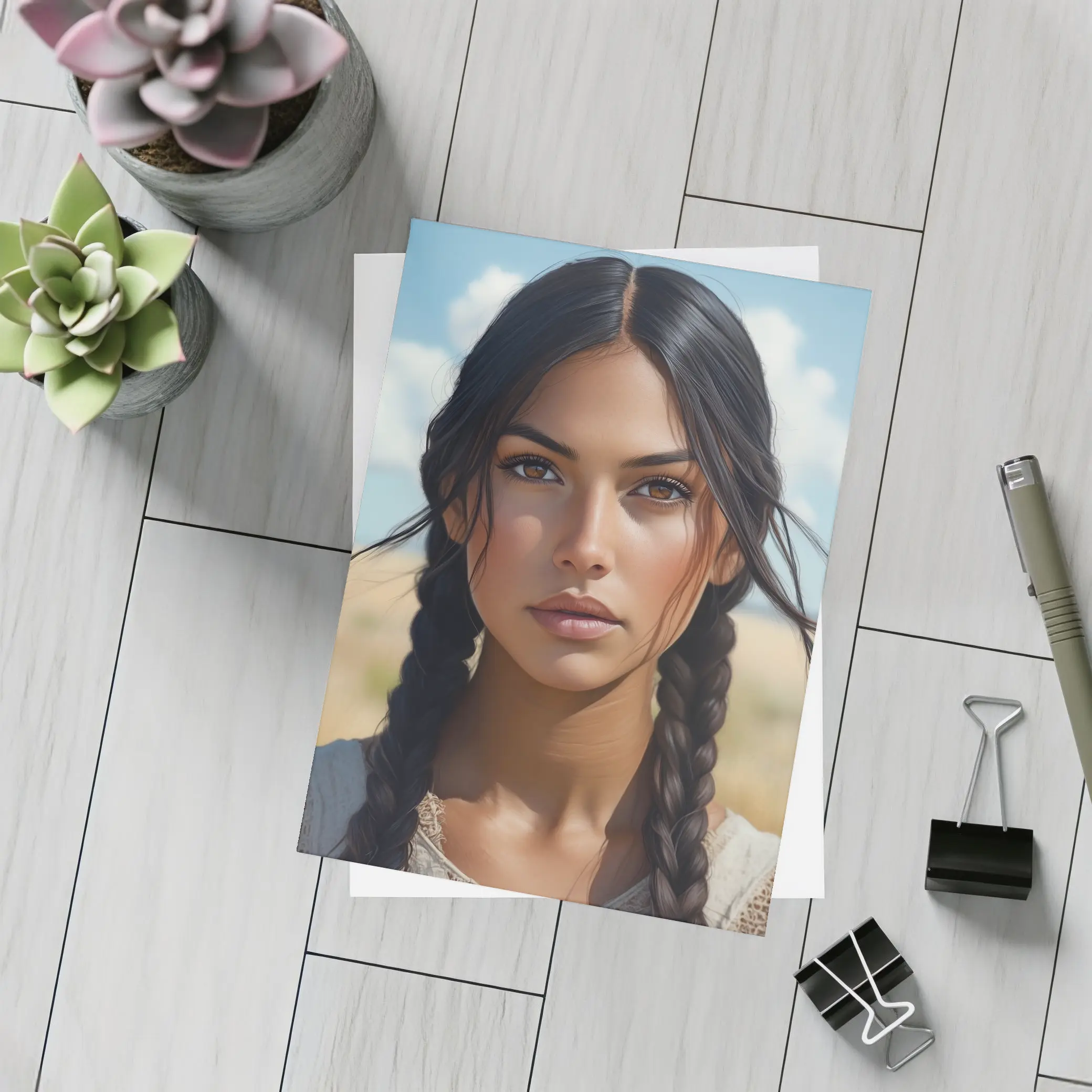 Native Woman Portrait Open Field Sky – Postcards