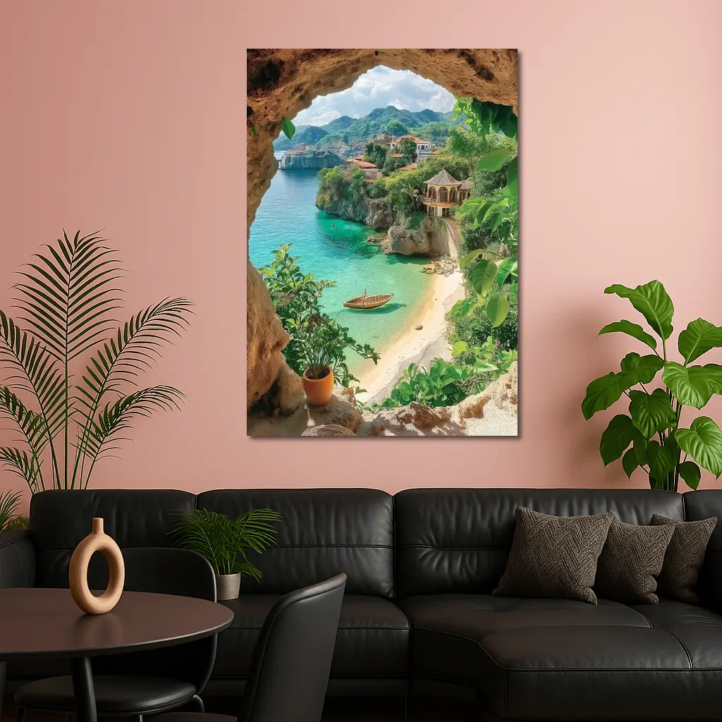 Tropical Cove View Through Rocky Cave – Wall Art
