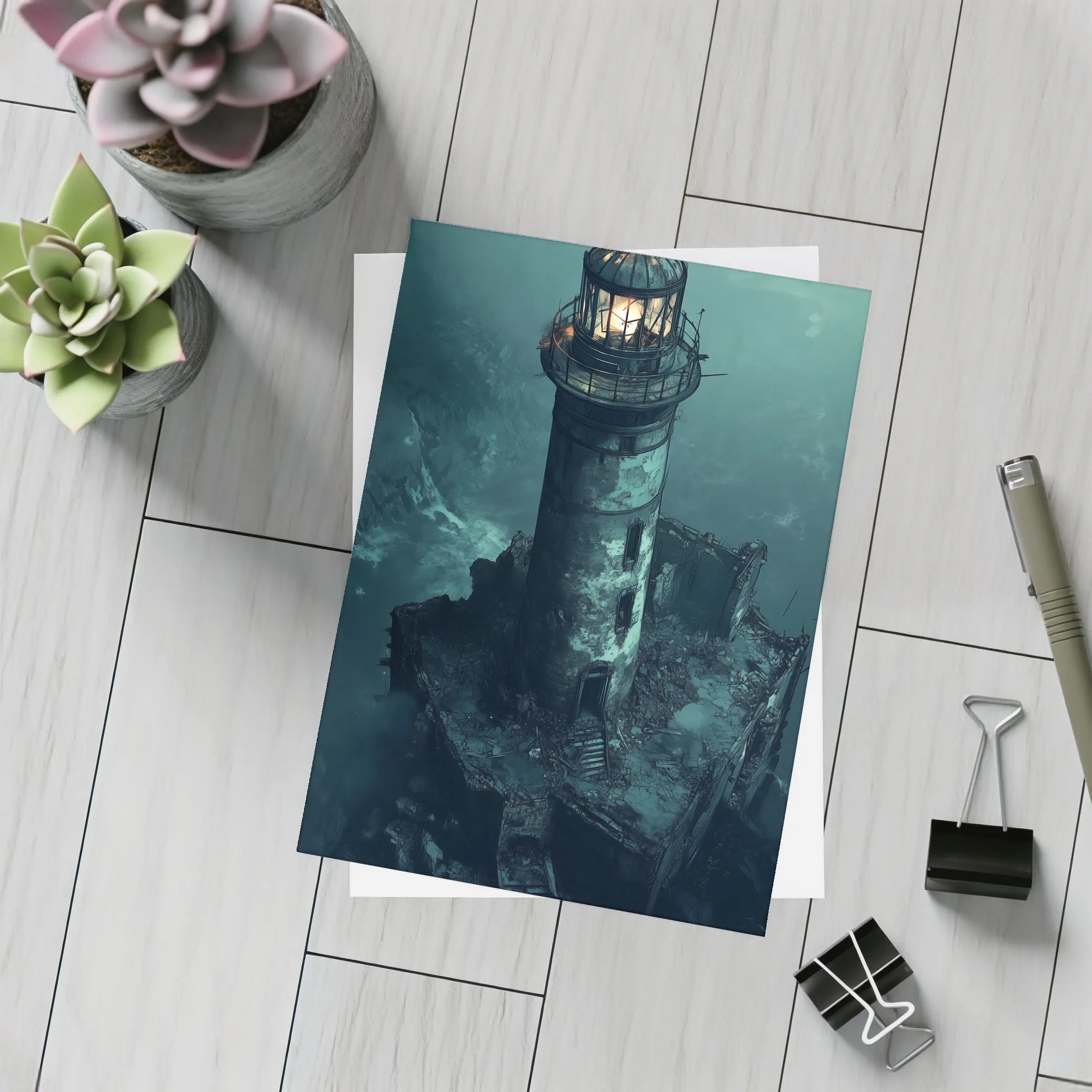 Ruined Lighthouse Dark Stormy Coastal Night – Postcards