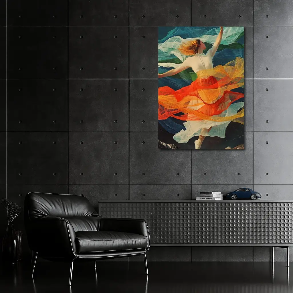 Dancing Woman Colorful Flowing Fabric Mountains – Wall Art