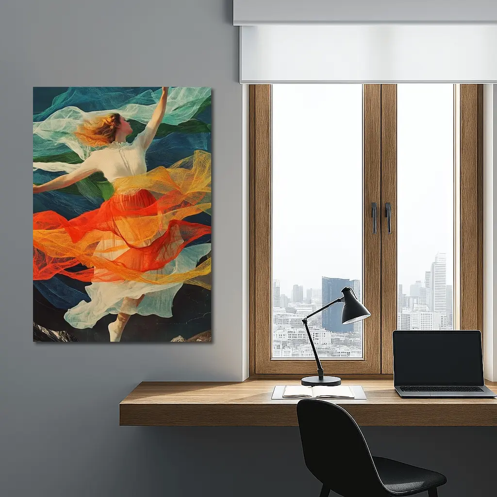 Dancing Woman Colorful Flowing Fabric Mountains – Wall Art