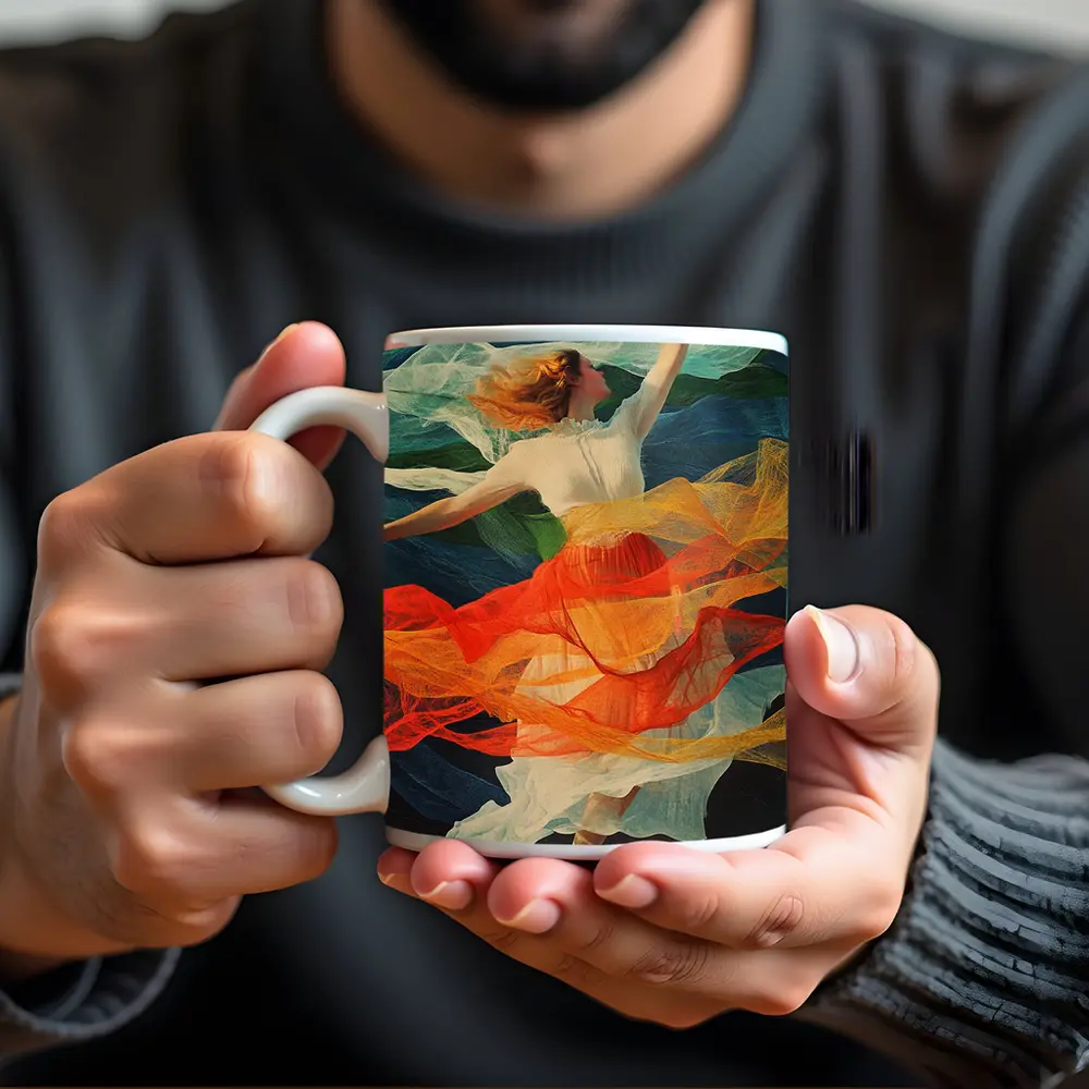 Dancing Woman Colorful Flowing Fabric Mountains – Mugs