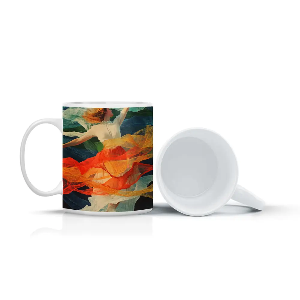Dancing Woman Colorful Flowing Fabric Mountains – Mugs