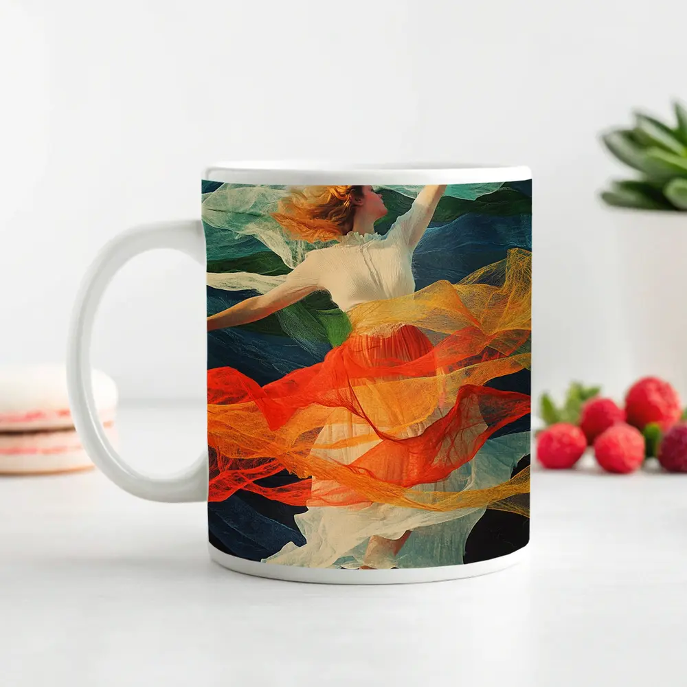 Dancing Woman Colorful Flowing Fabric Mountains – Mugs