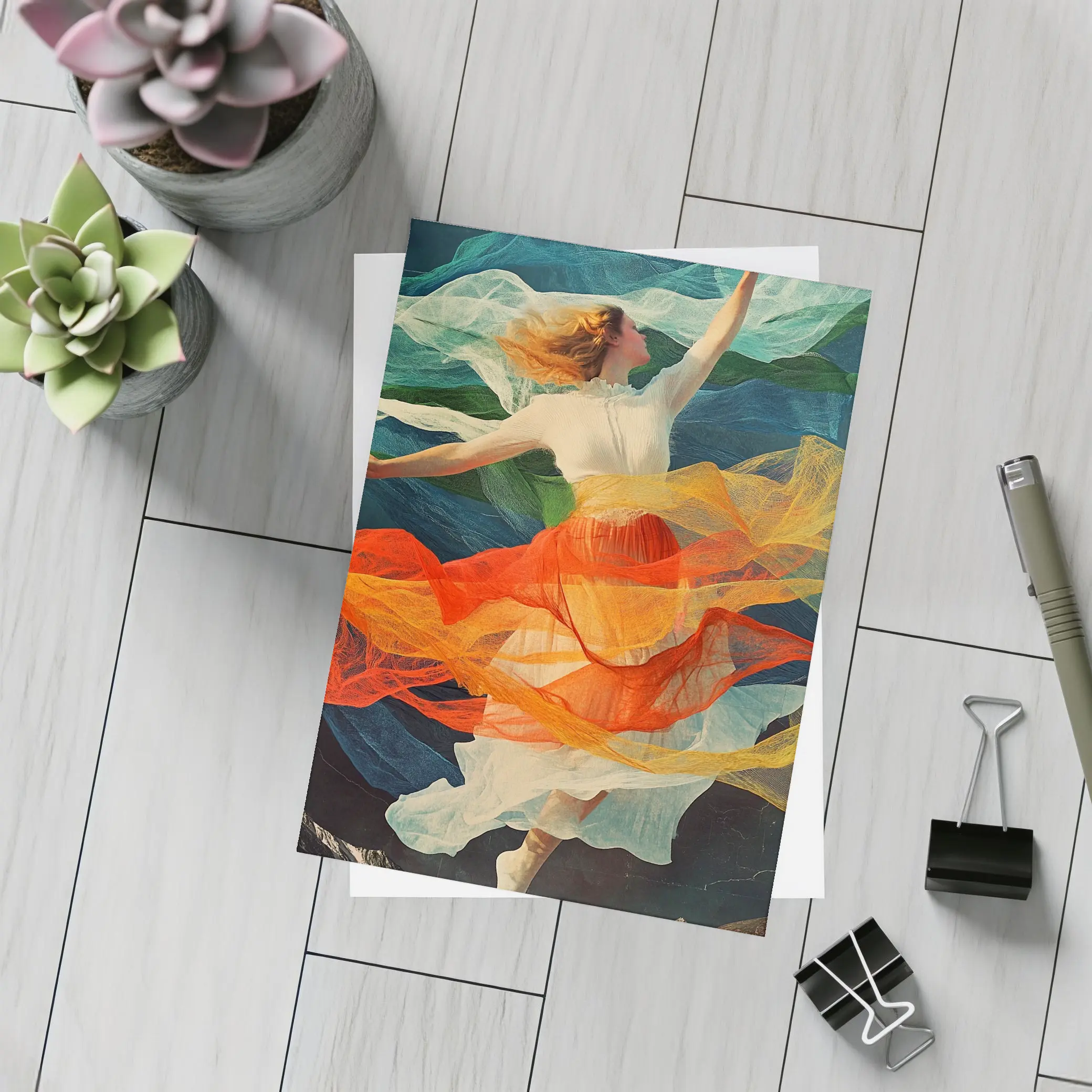 Dancing Woman Colorful Flowing Fabric Mountains – Postcards