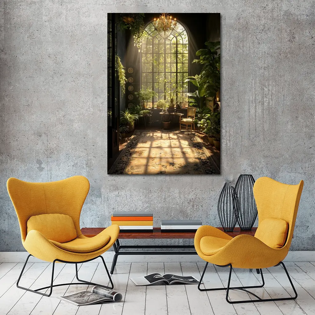Sunlit Indoor Garden Arched Window Room – Wall Art