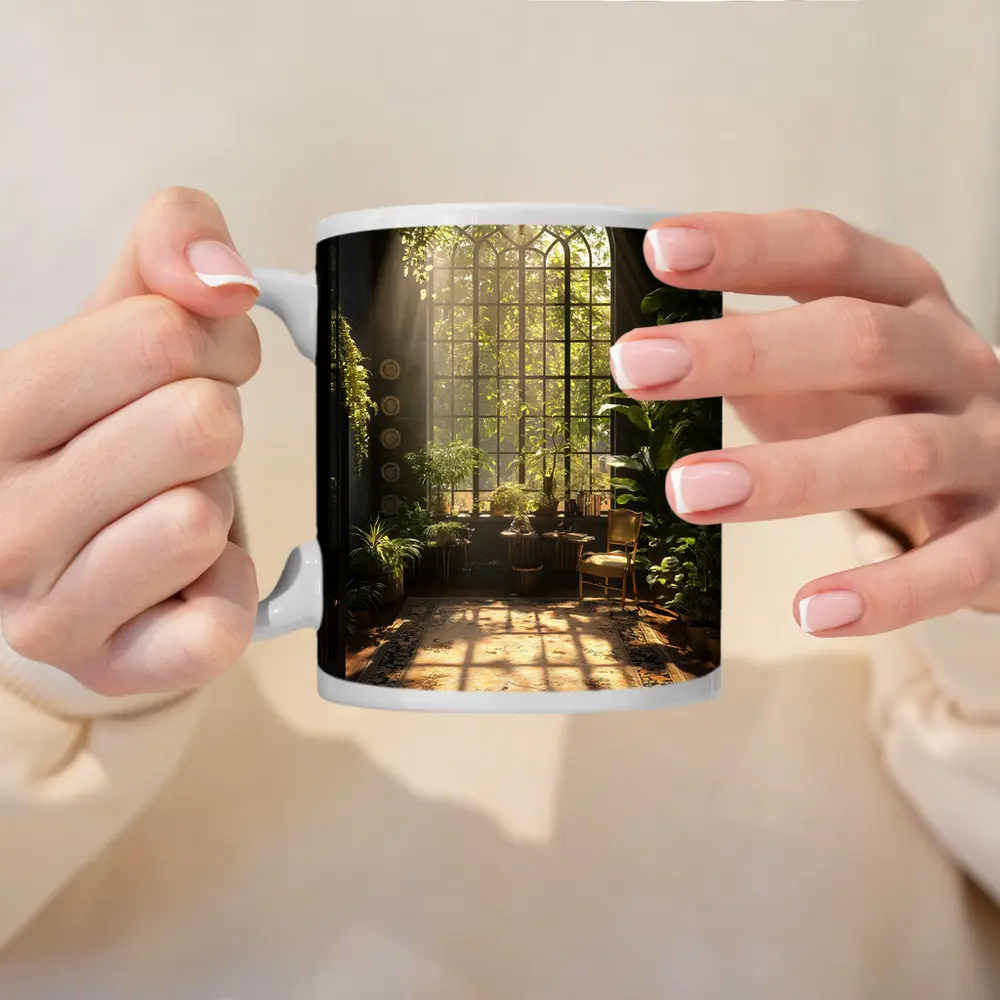 Sunlit Indoor Garden Arched Window Room – Mugs