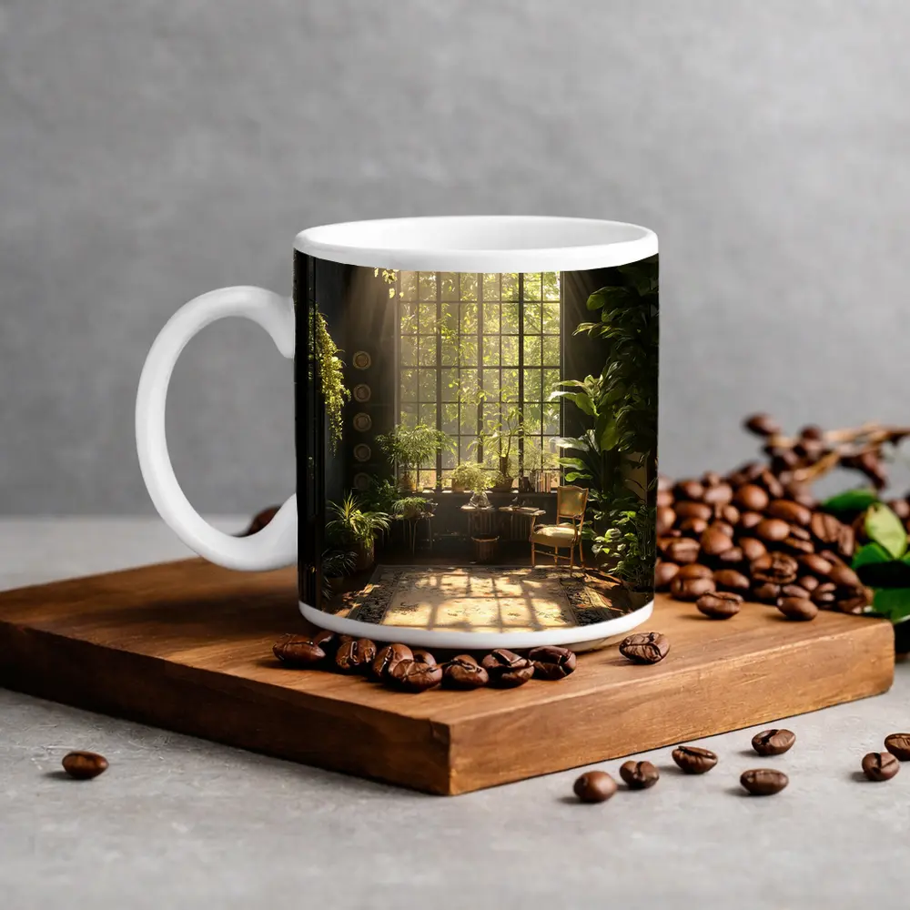 Sunlit Indoor Garden Arched Window Room – Mugs