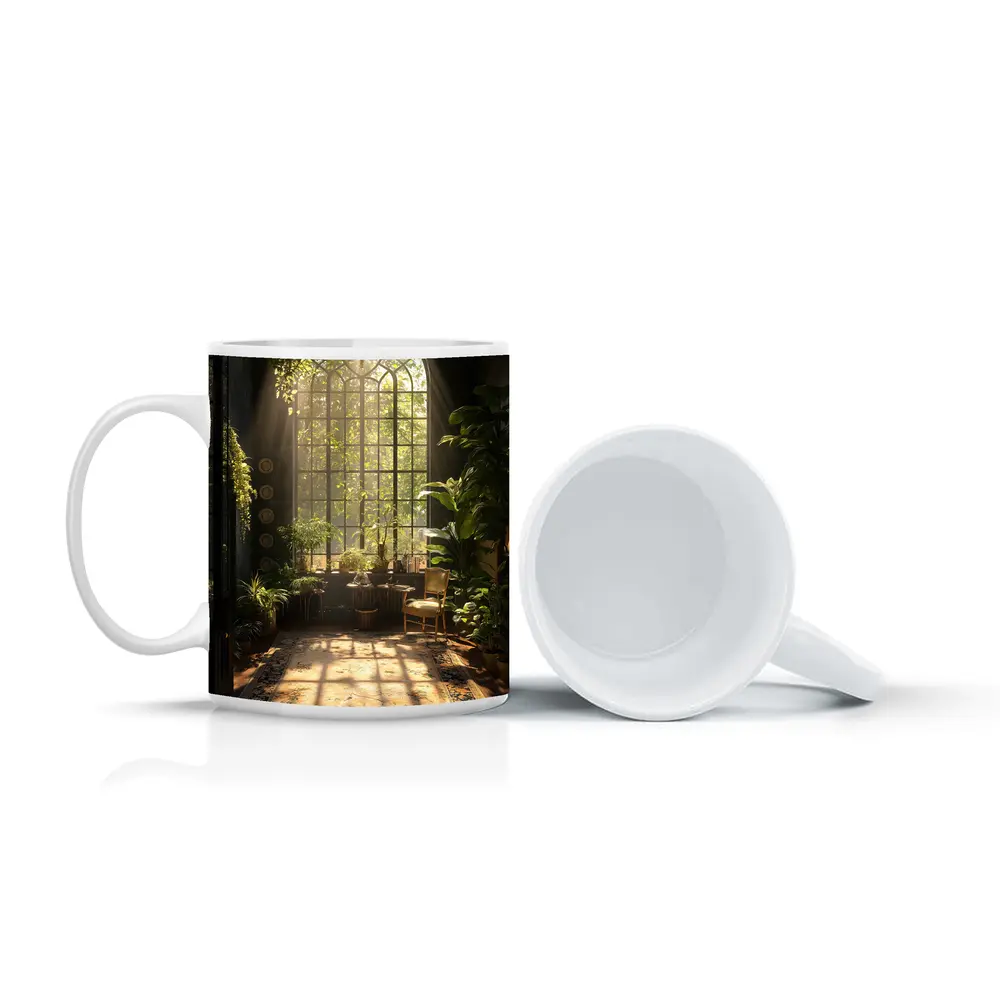 Sunlit Indoor Garden Arched Window Room – Mugs