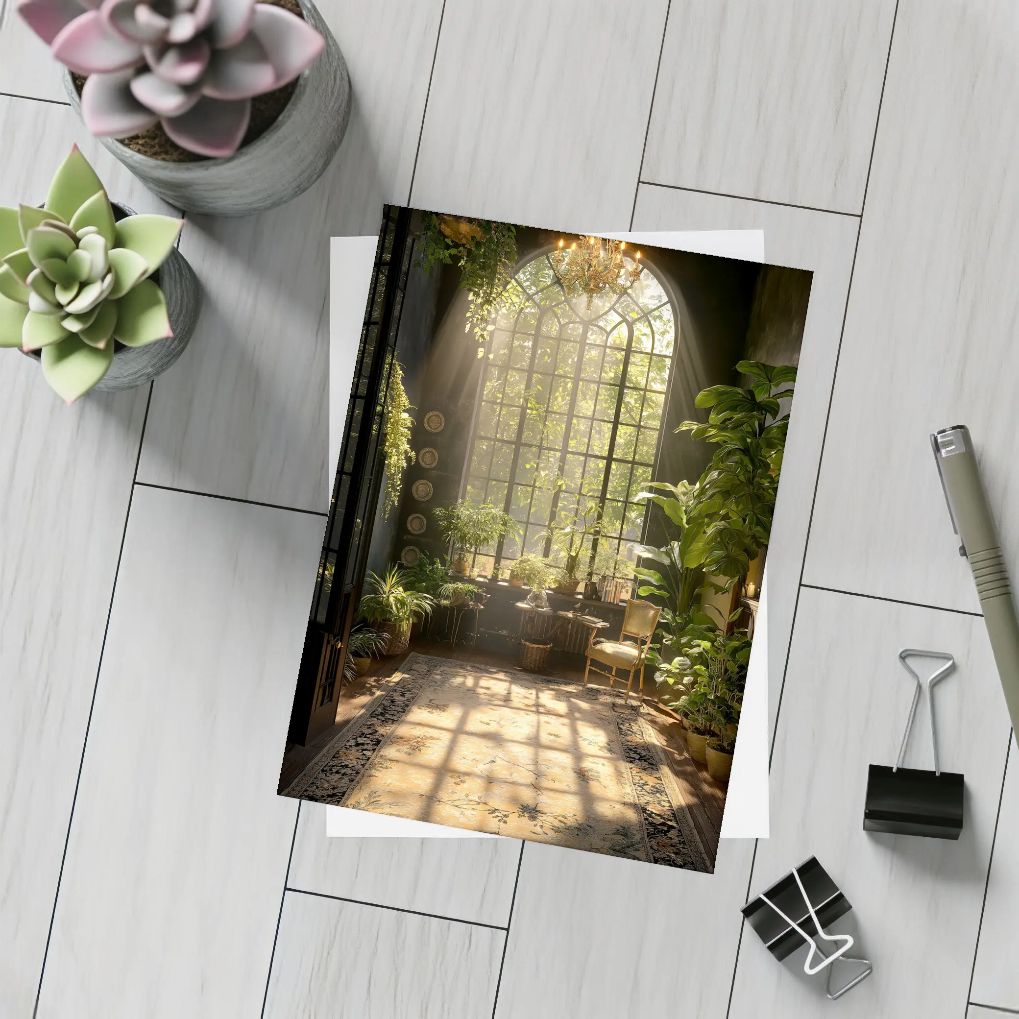 Sunlit Indoor Garden Arched Window Room – Postcards