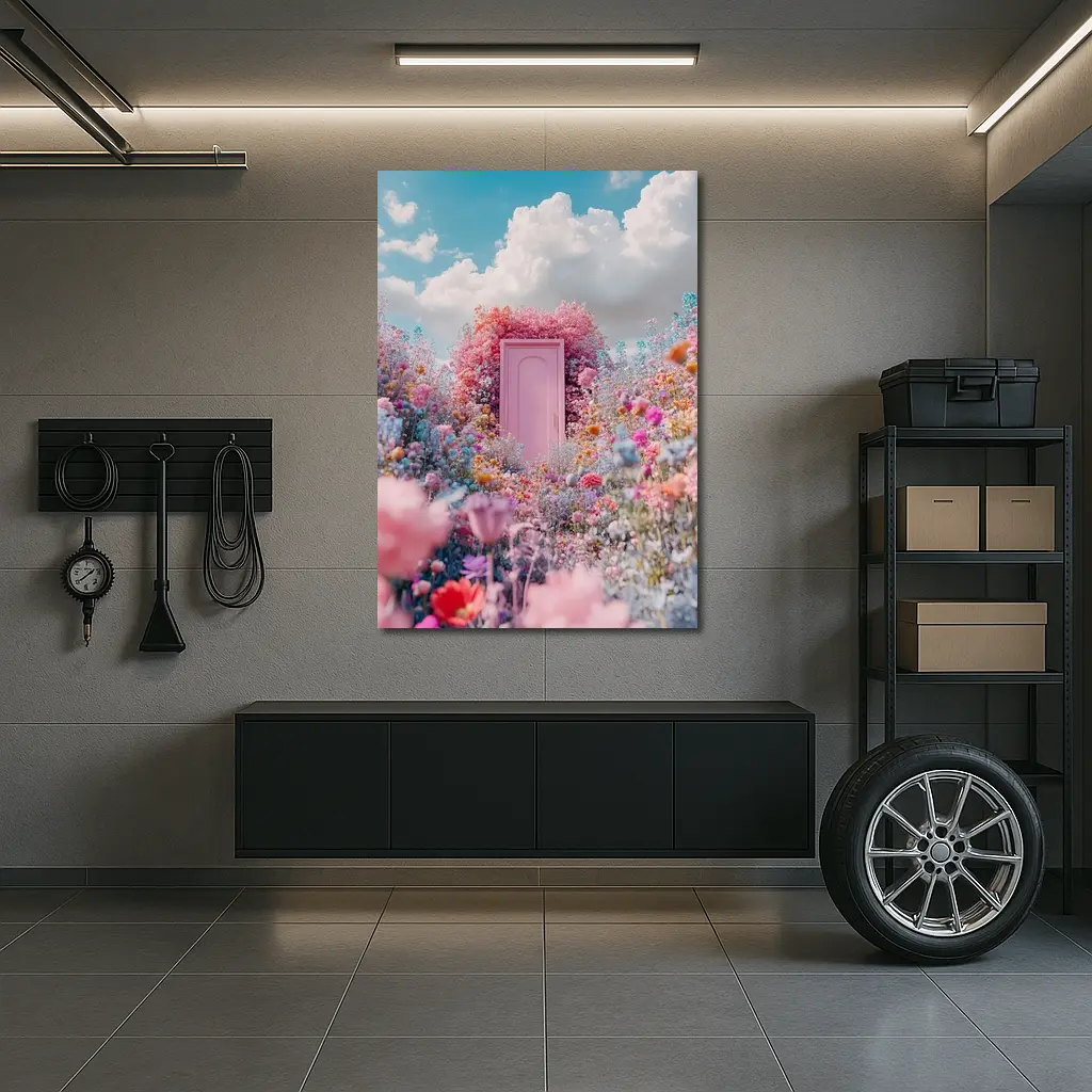 Pink Door Surrounded by Wildflowers Blue Sky – Wall Art