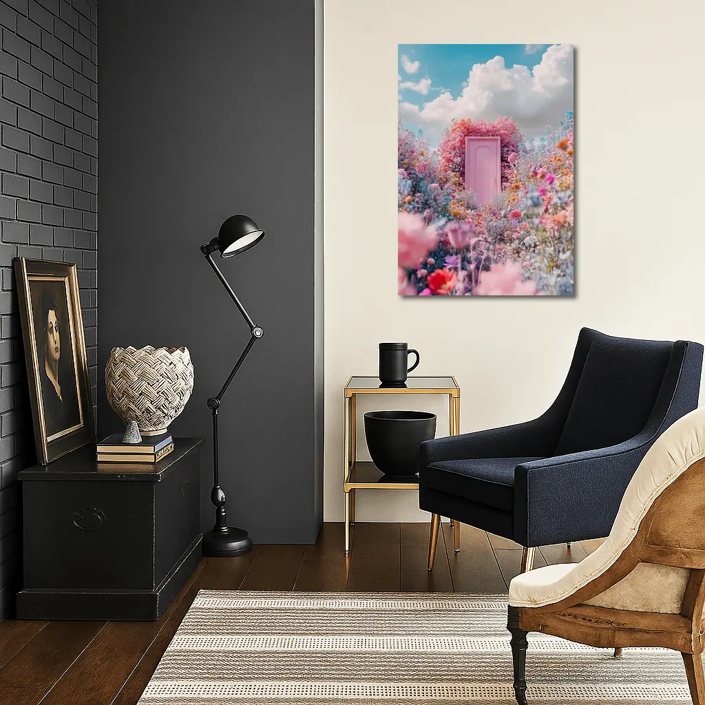 Pink Door Surrounded by Wildflowers Blue Sky – Wall Art