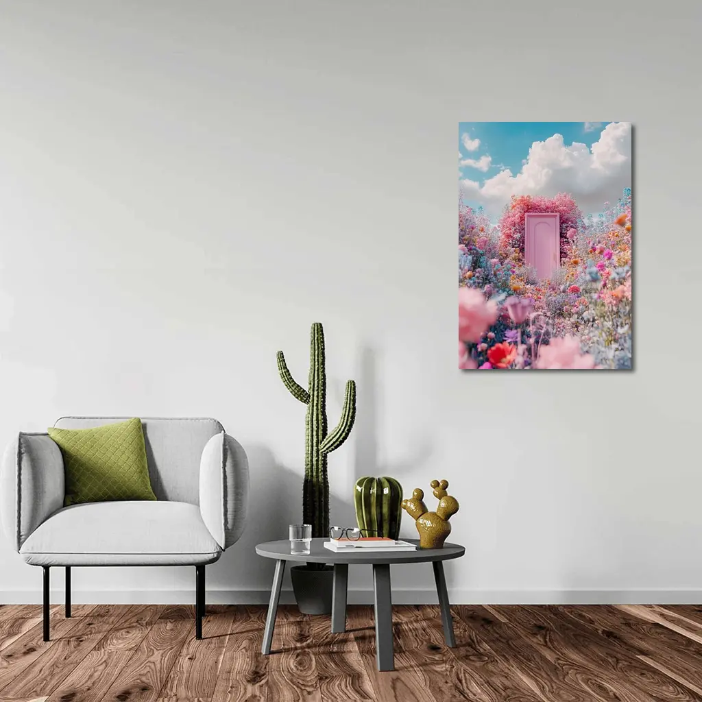 Pink Door Surrounded by Wildflowers Blue Sky – Wall Art