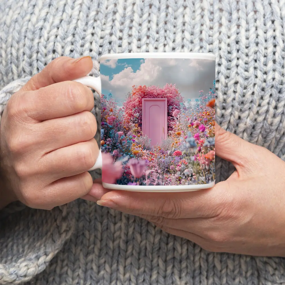 Pink Door Surrounded by Wildflowers Blue Sky – Mugs