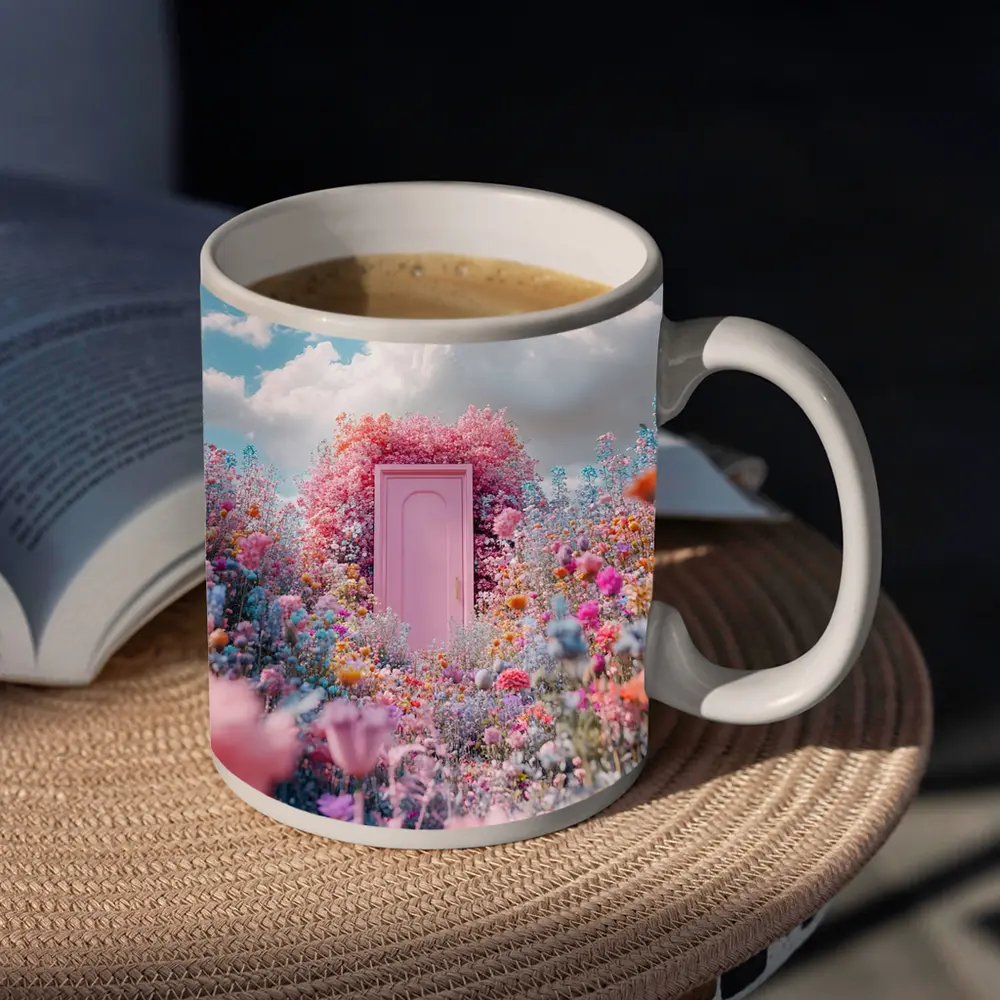 Pink Door Surrounded by Wildflowers Blue Sky – Mugs