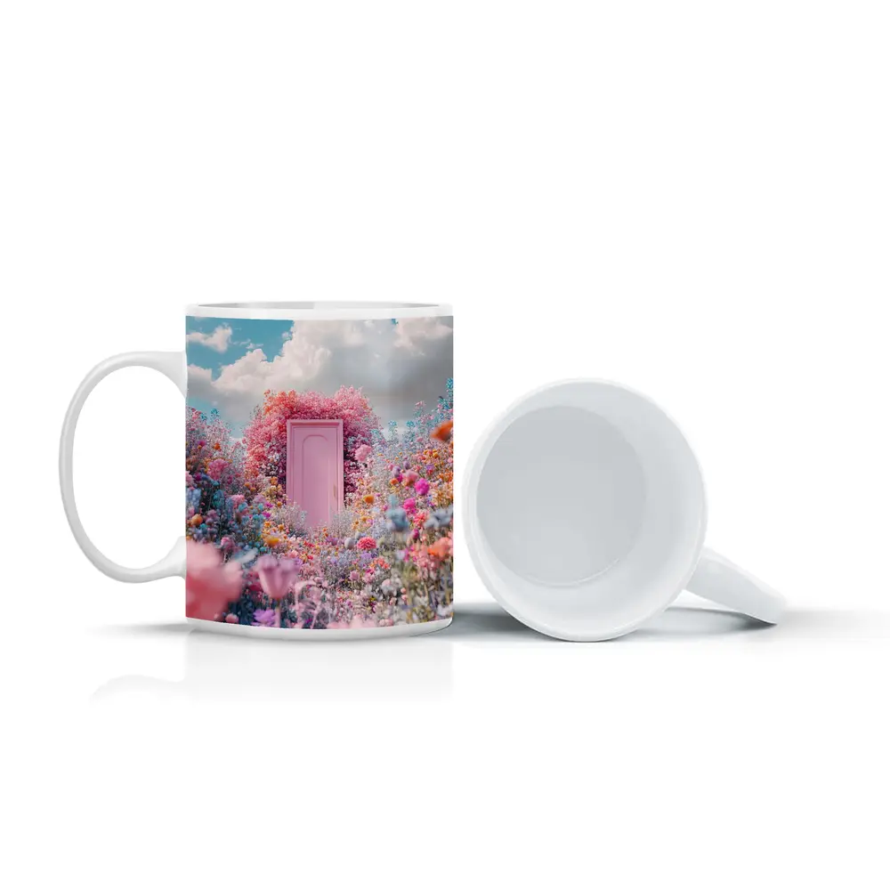 Pink Door Surrounded by Wildflowers Blue Sky – Mugs