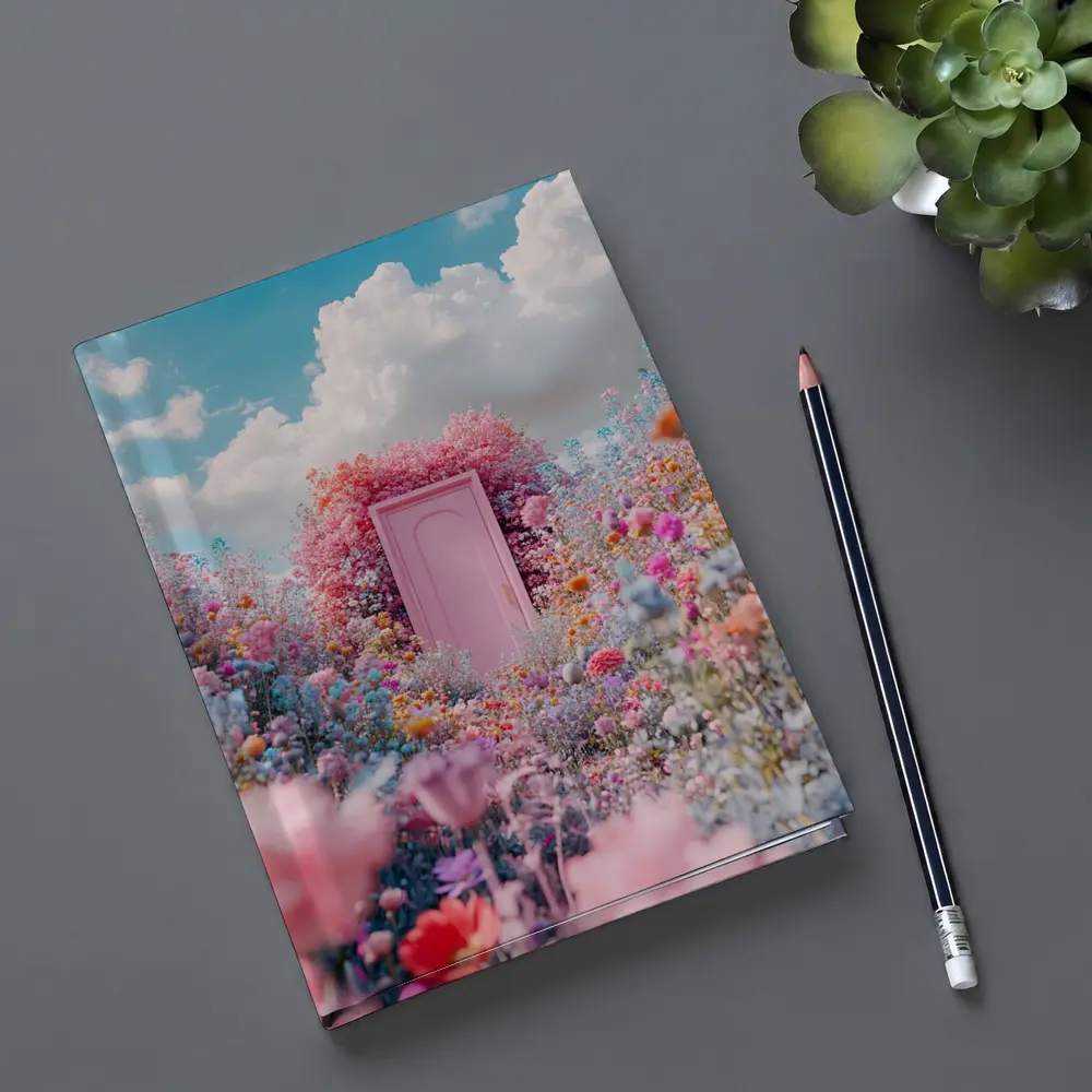 Pink Door Surrounded by Wildflowers Blue Sky – Notebooks