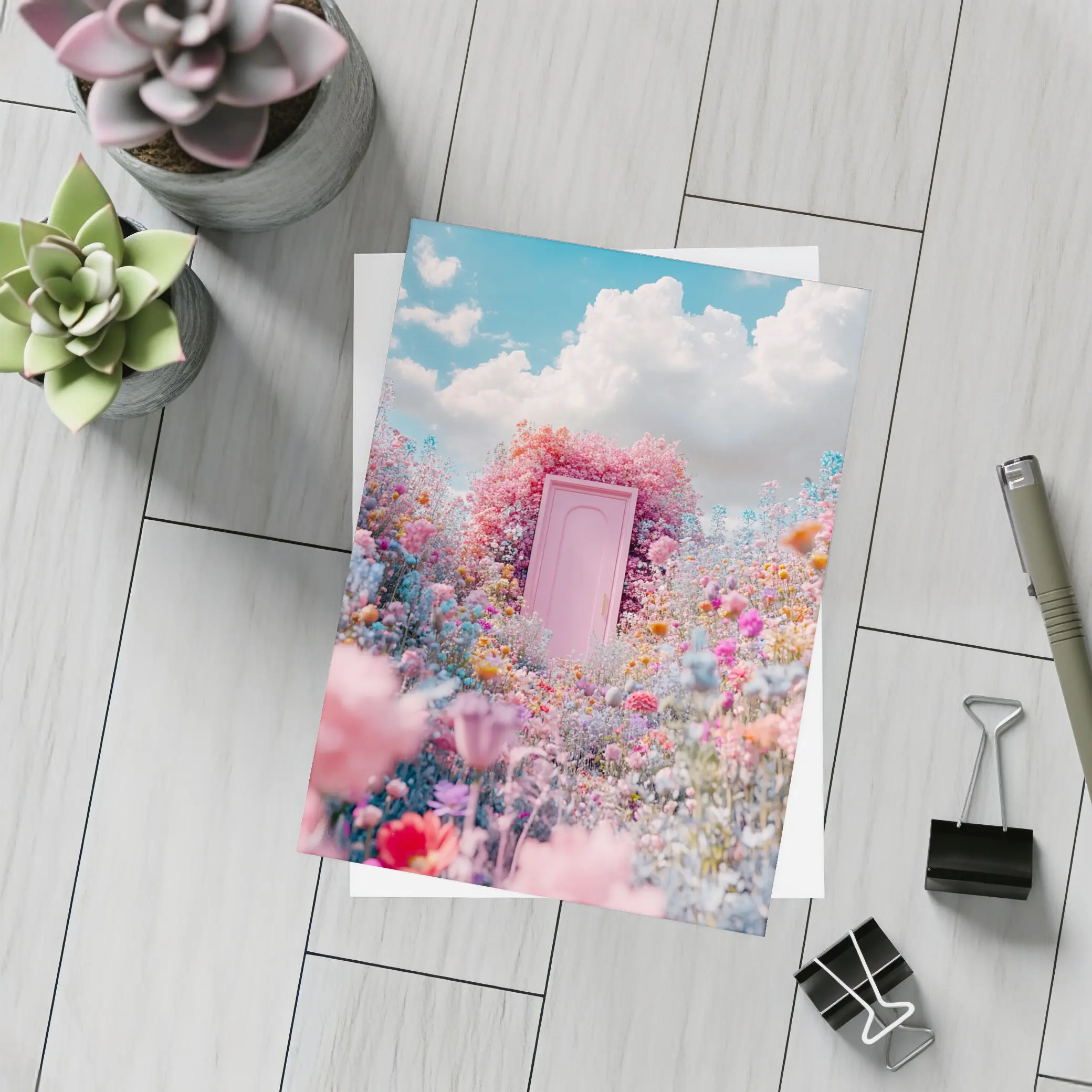 Pink Door Surrounded by Wildflowers Blue Sky – Postcards