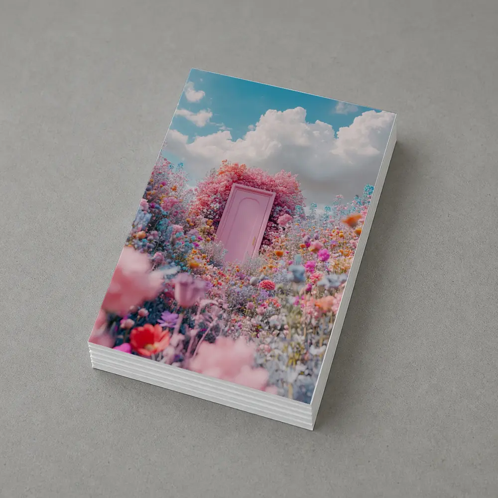 Pink Door Surrounded by Wildflowers Blue Sky – Postcards