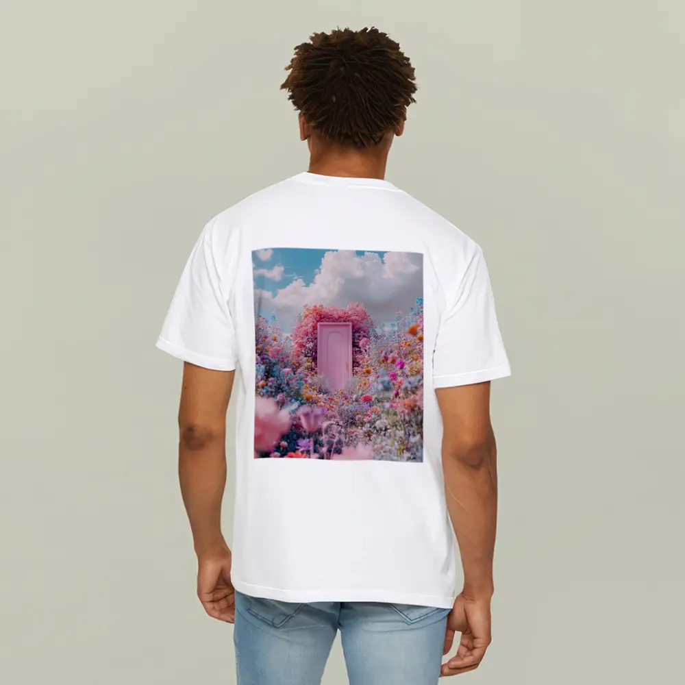 Pink Door Surrounded by Wildflowers Blue Sky – T-Shirts