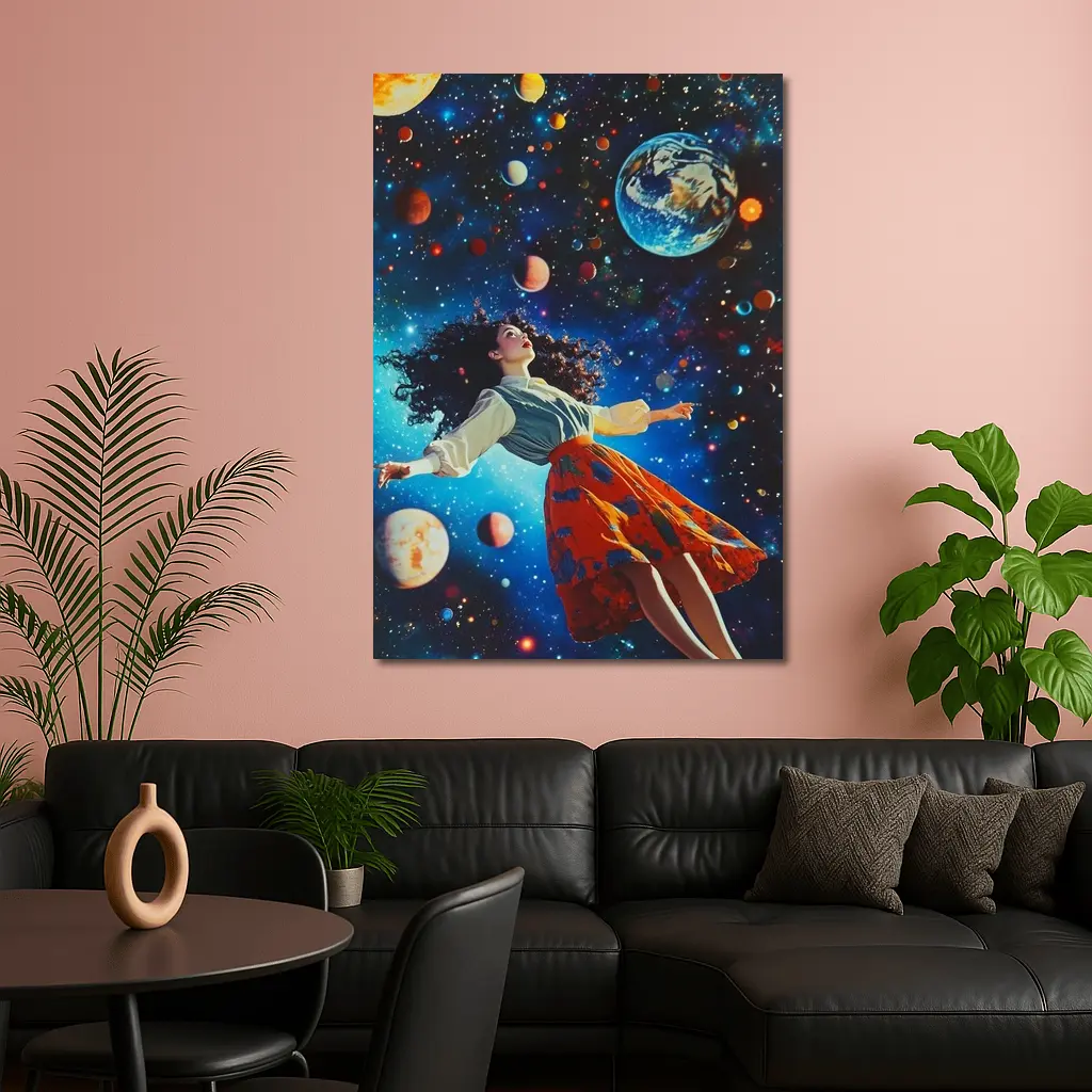 Woman Floating Through Colorful Cosmic Space – Wall Art