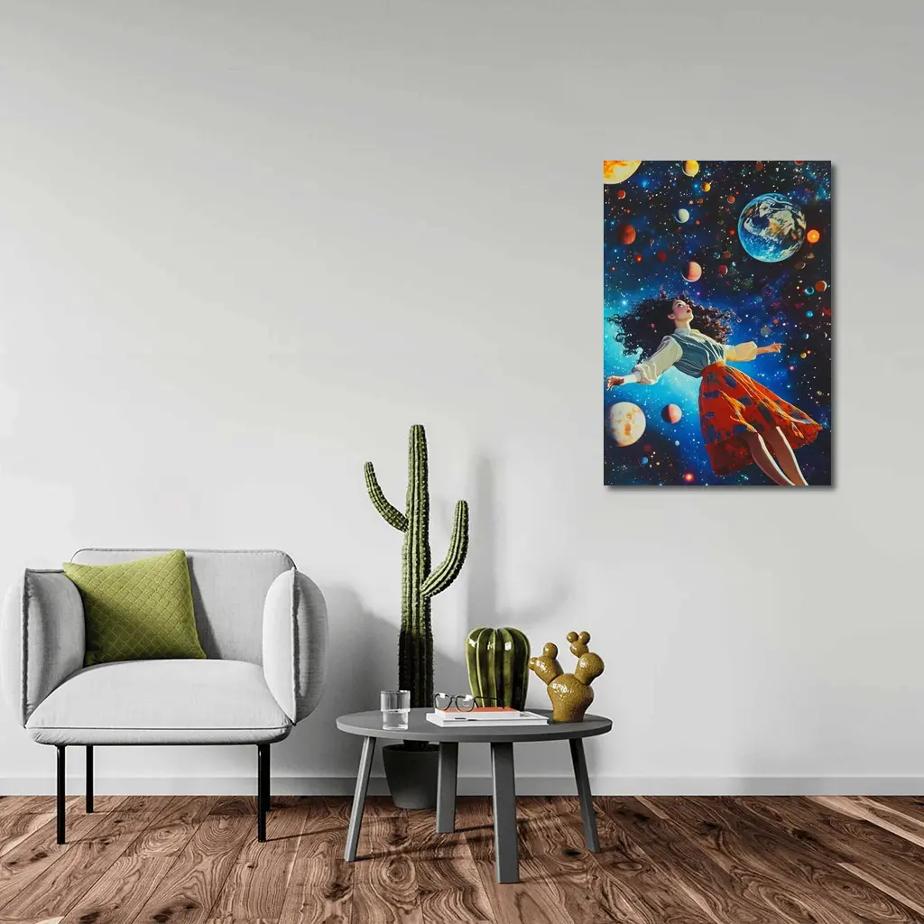 Woman Floating Through Colorful Cosmic Space – Wall Art