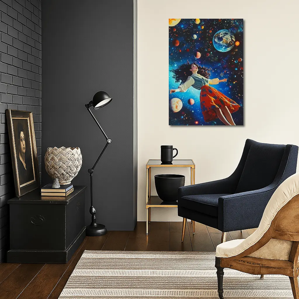 Woman Floating Through Colorful Cosmic Space – Wall Art