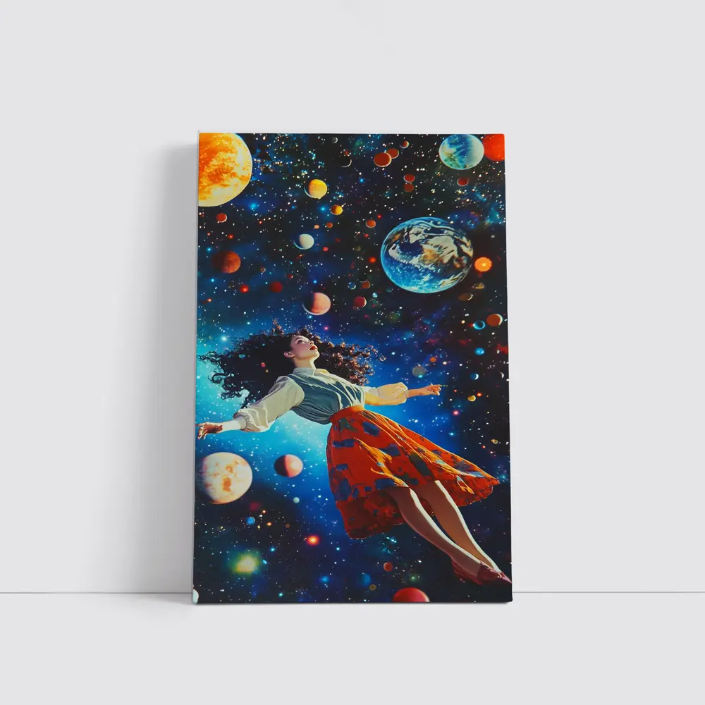 Woman Floating Through Colorful Cosmic Space – Wall Art