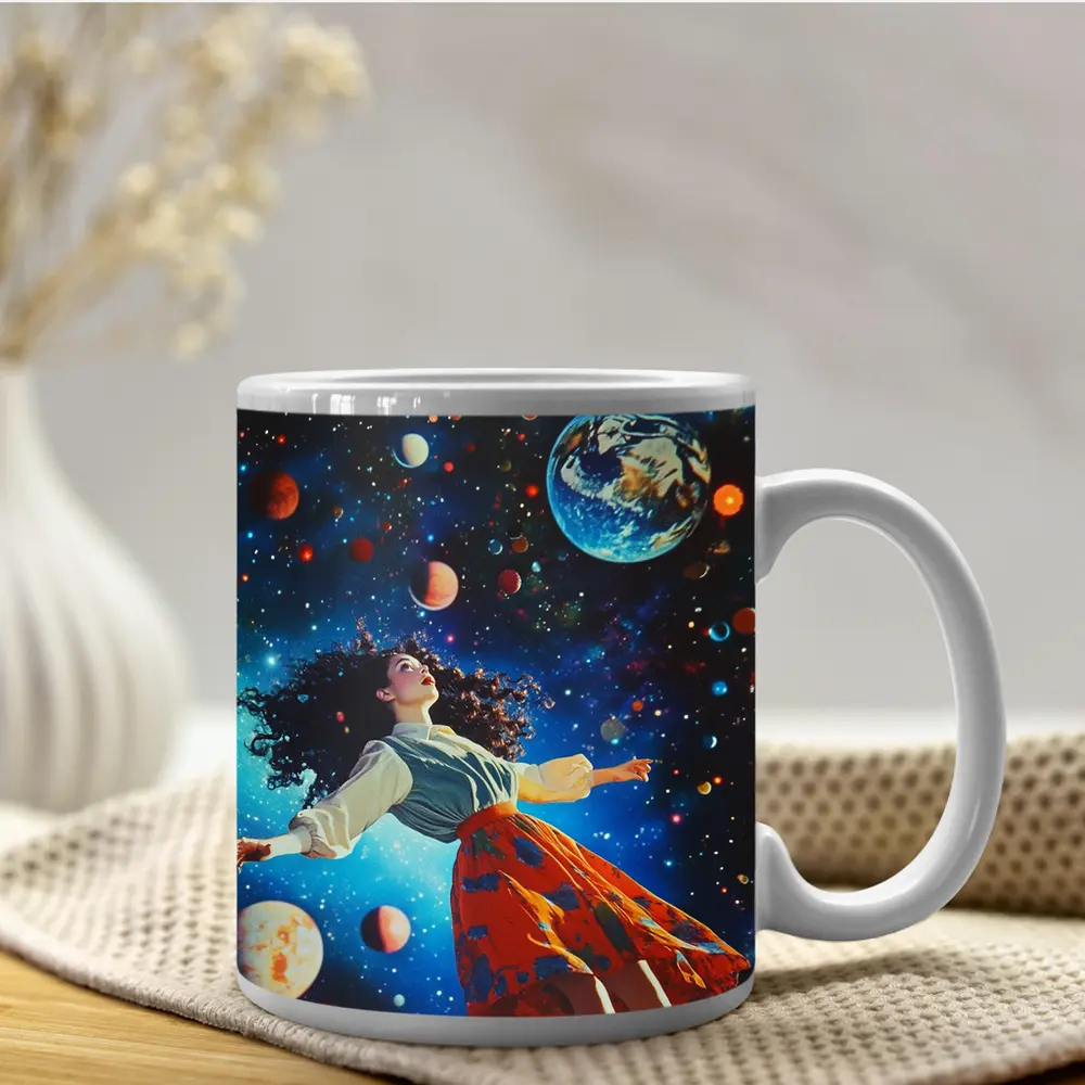 Woman Floating Through Colorful Cosmic Space – Mugs