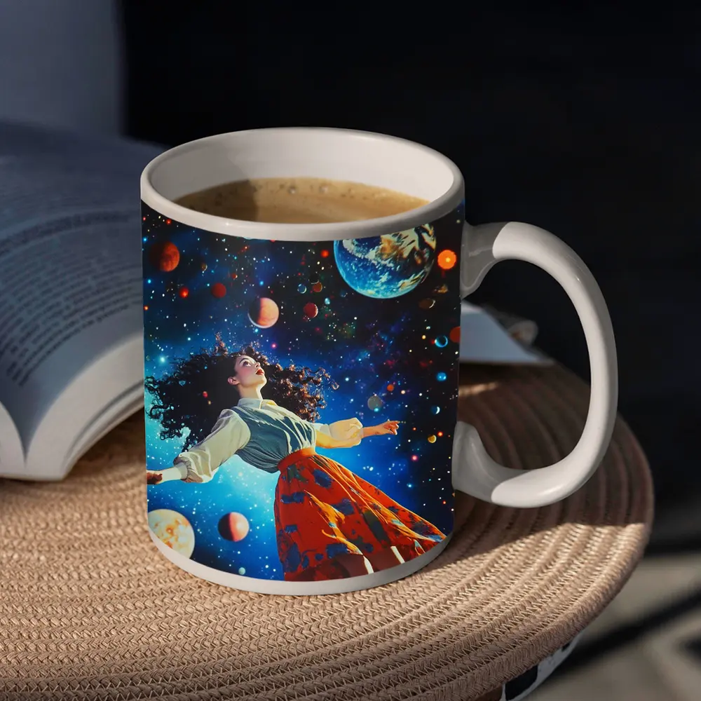 Woman Floating Through Colorful Cosmic Space – Mugs