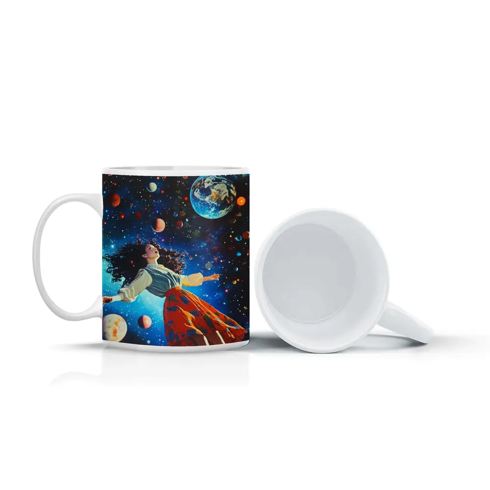 Woman Floating Through Colorful Cosmic Space – Mugs