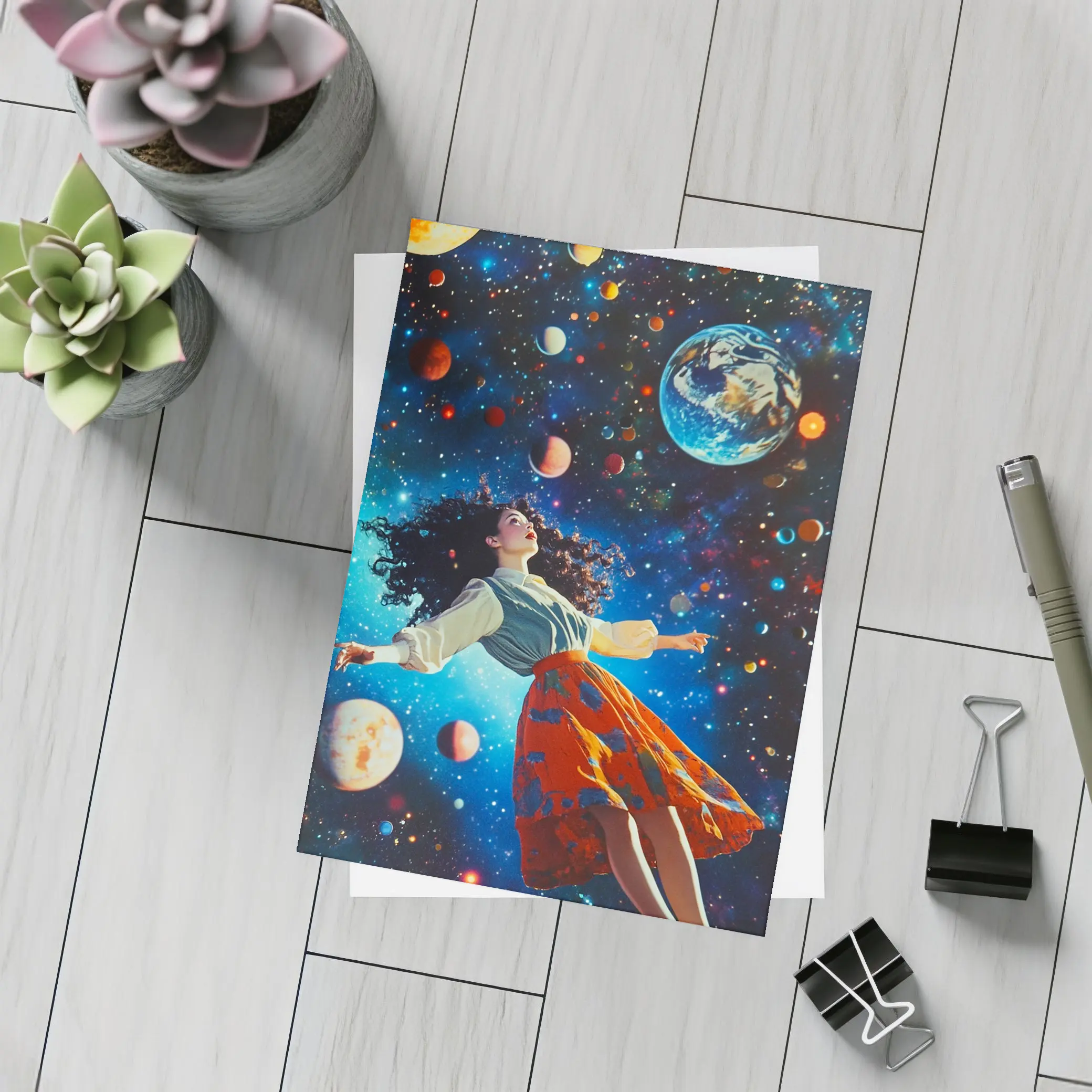 Woman Floating Through Colorful Cosmic Space – Postcards