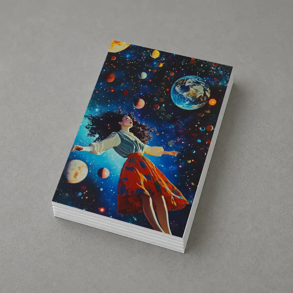 Woman Floating Through Colorful Cosmic Space – Postcards