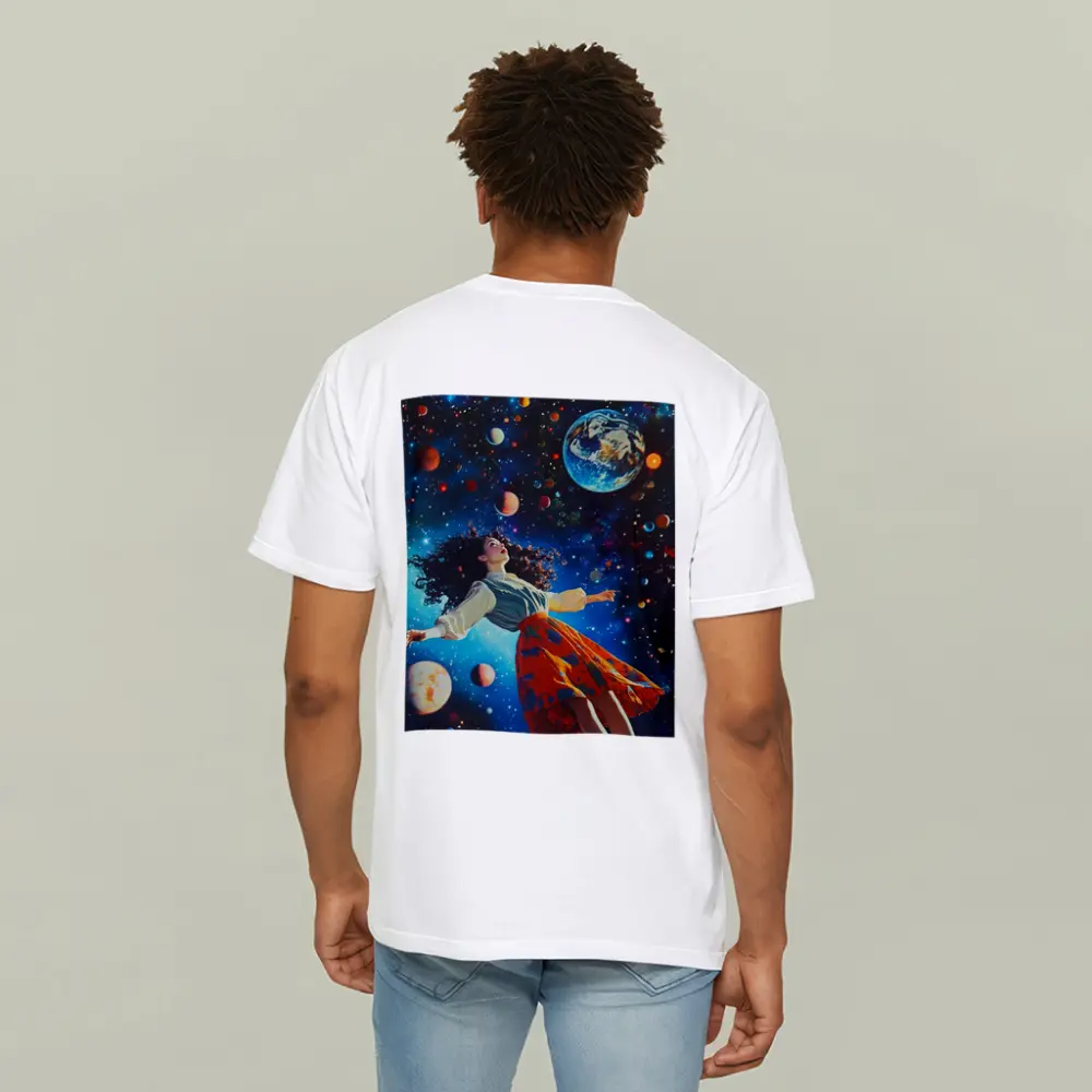 Woman Floating Through Colorful Cosmic Space – T-Shirts