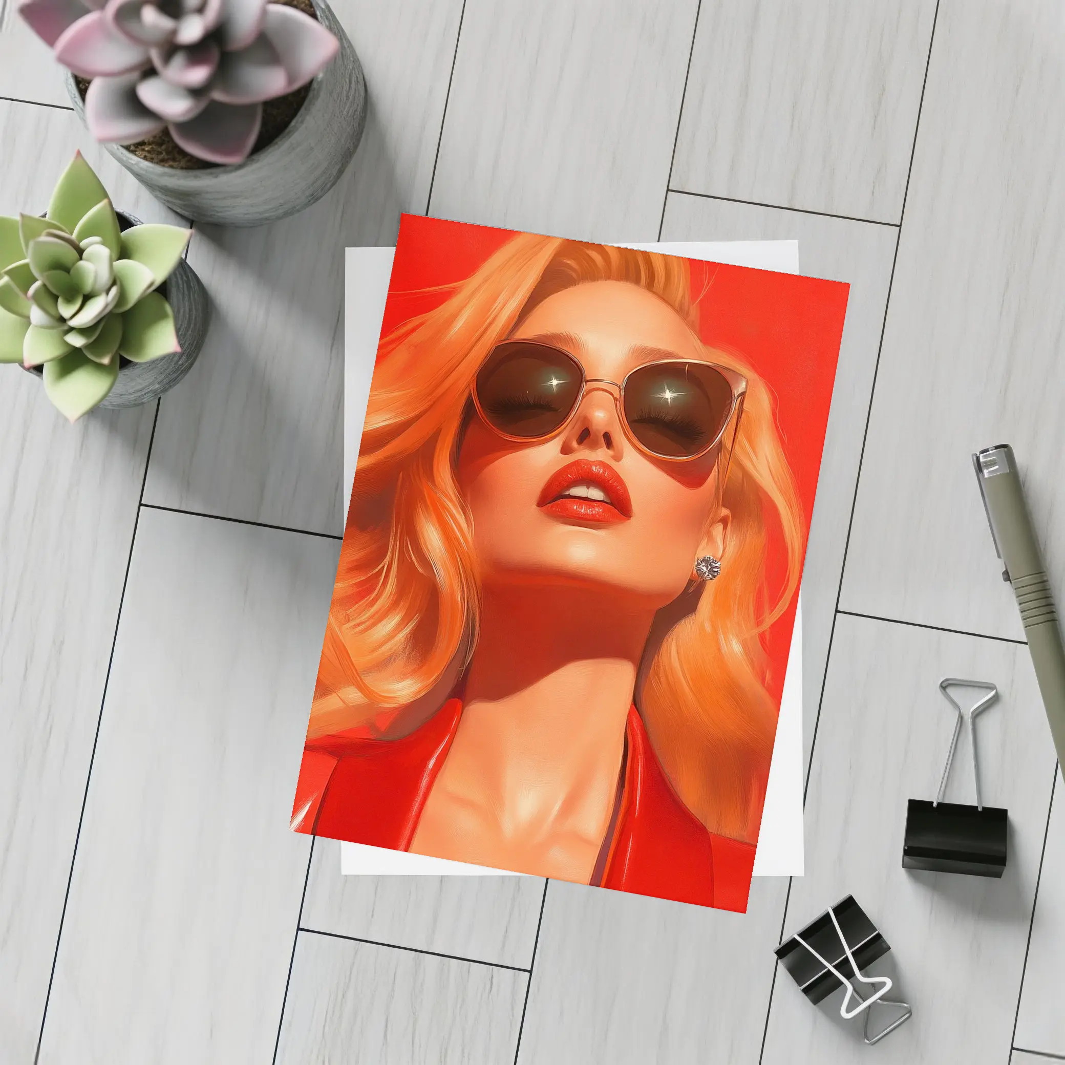 Blonde Woman Red Sunglasses Bold Fashion Art – Postcards