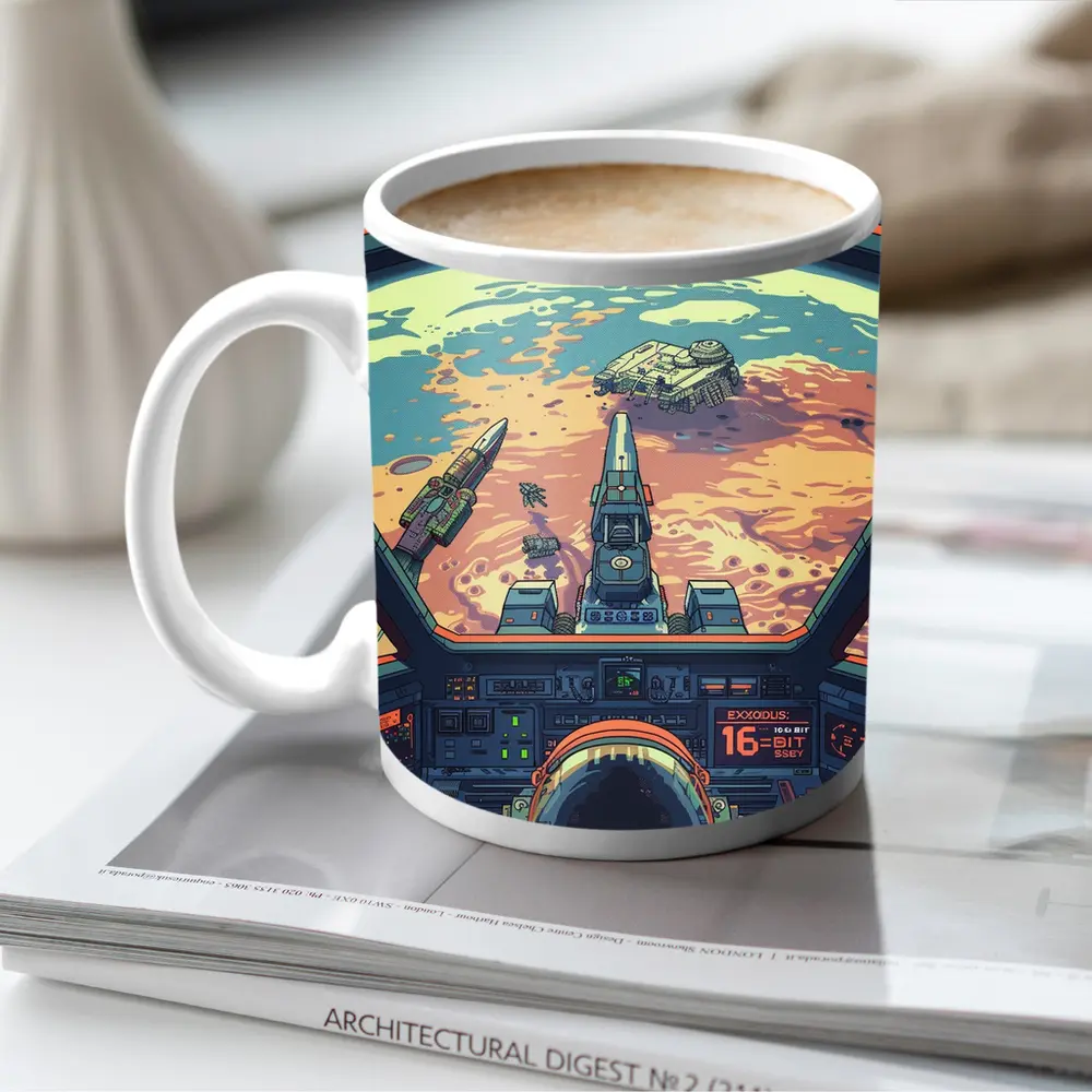 Pixel Art Astronaut Spaceship Cockpit Mars View – Mugs