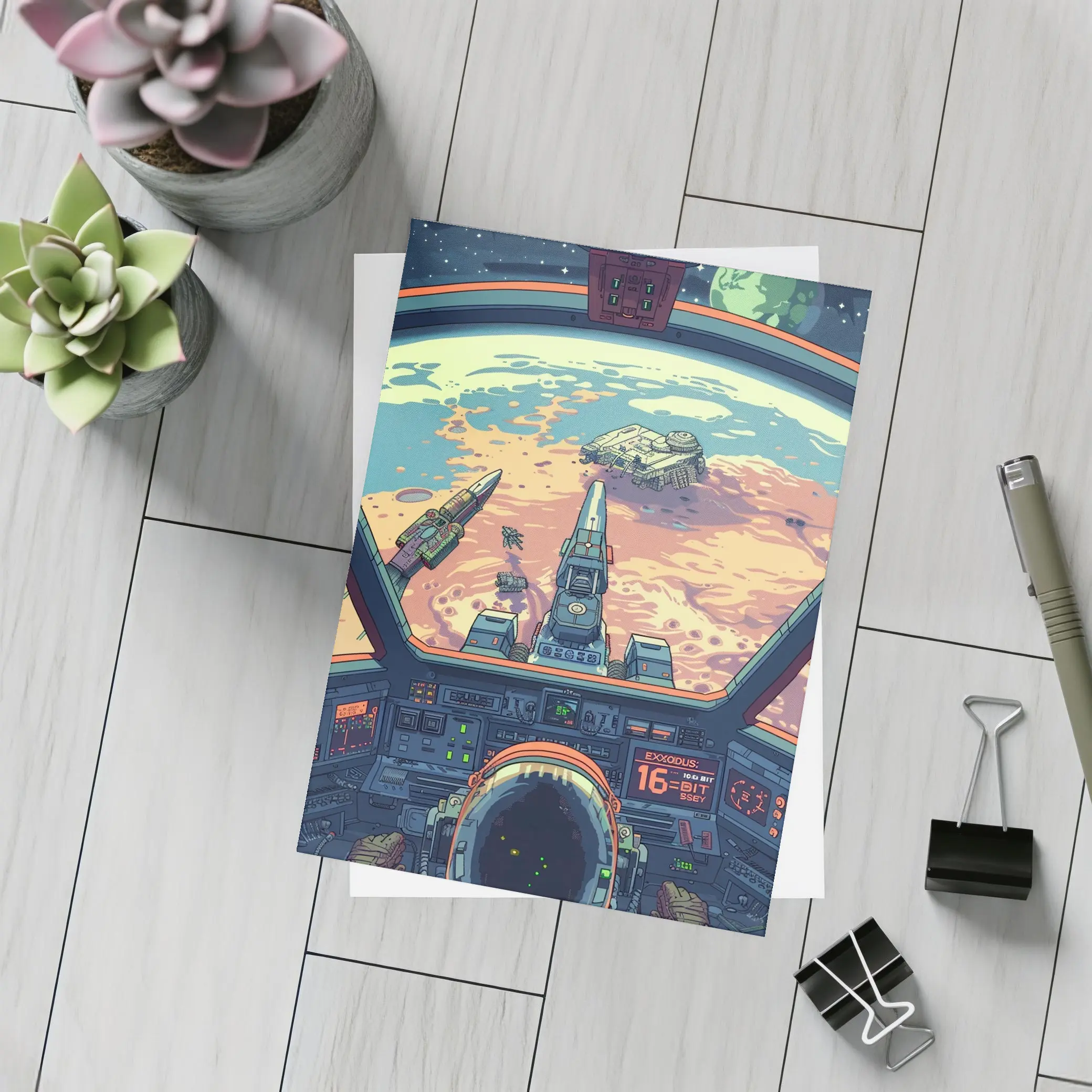 Pixel Art Astronaut Spaceship Cockpit Mars View – Postcards