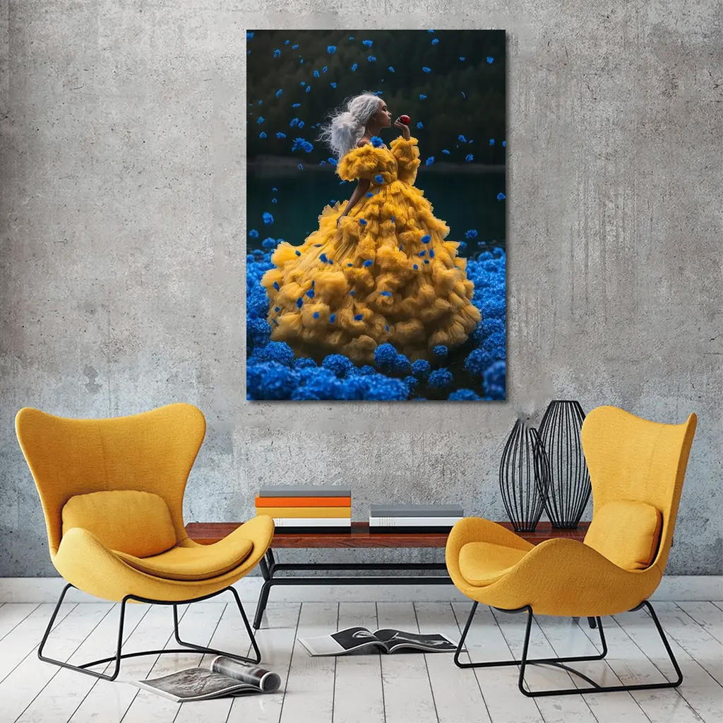 Woman Yellow Gown Blue Flowers Lake – Wall Art
