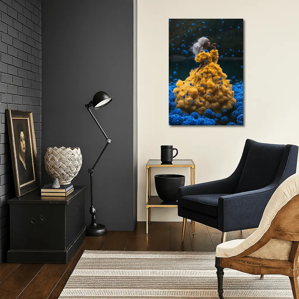 Woman Yellow Gown Blue Flowers Lake – Wall Art