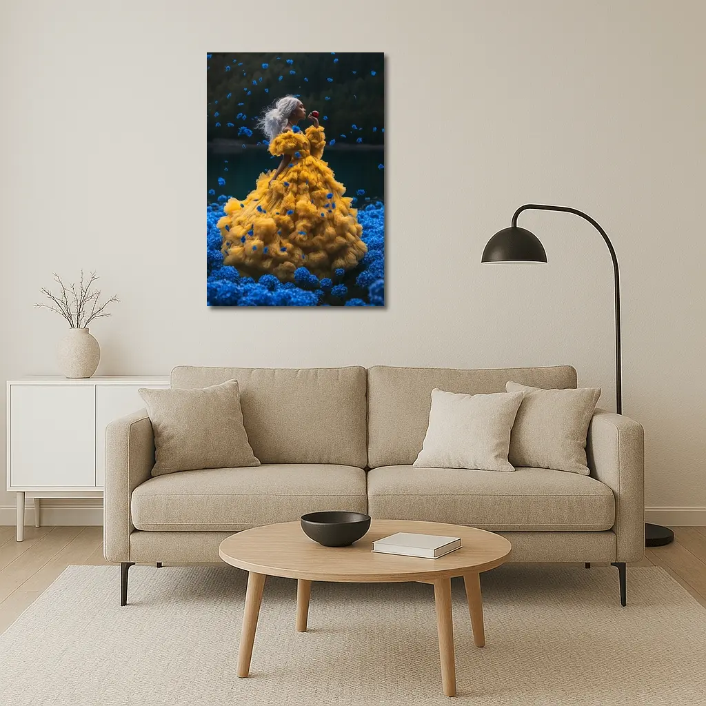 Woman Yellow Gown Blue Flowers Lake – Wall Art