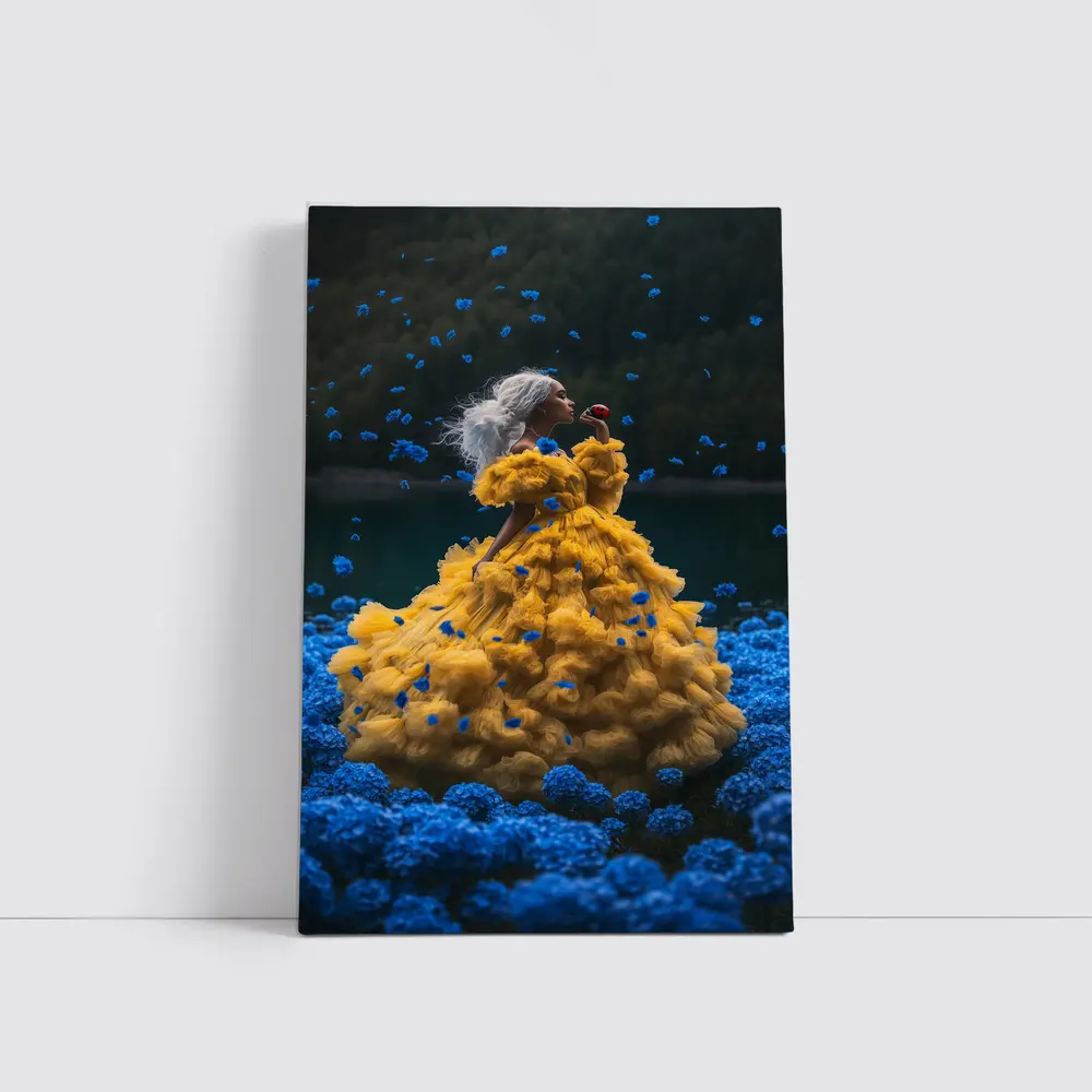 Woman Yellow Gown Blue Flowers Lake – Wall Art