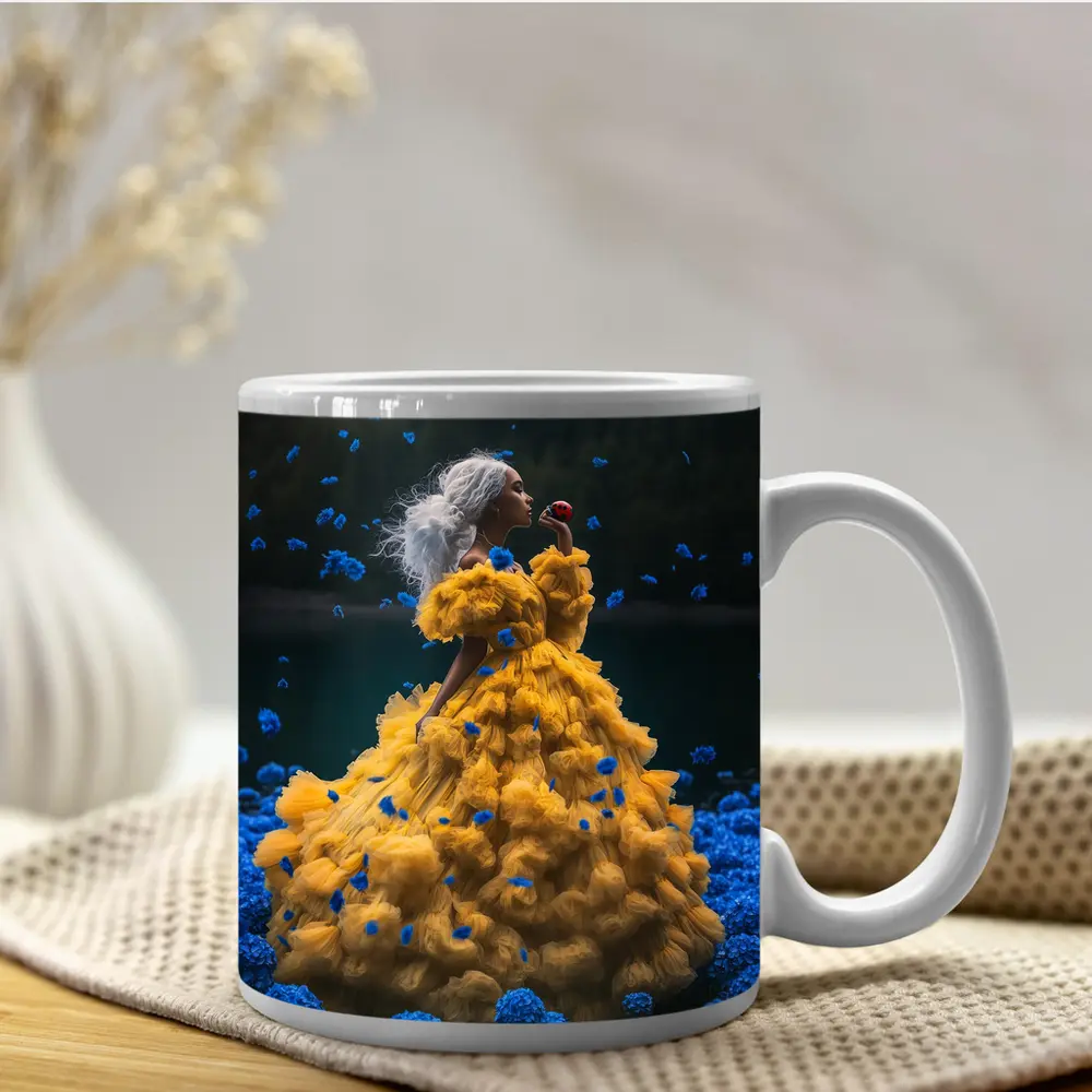 Woman Yellow Gown Blue Flowers Lake – Mugs