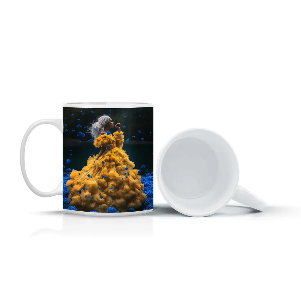 Woman Yellow Gown Blue Flowers Lake – Mugs